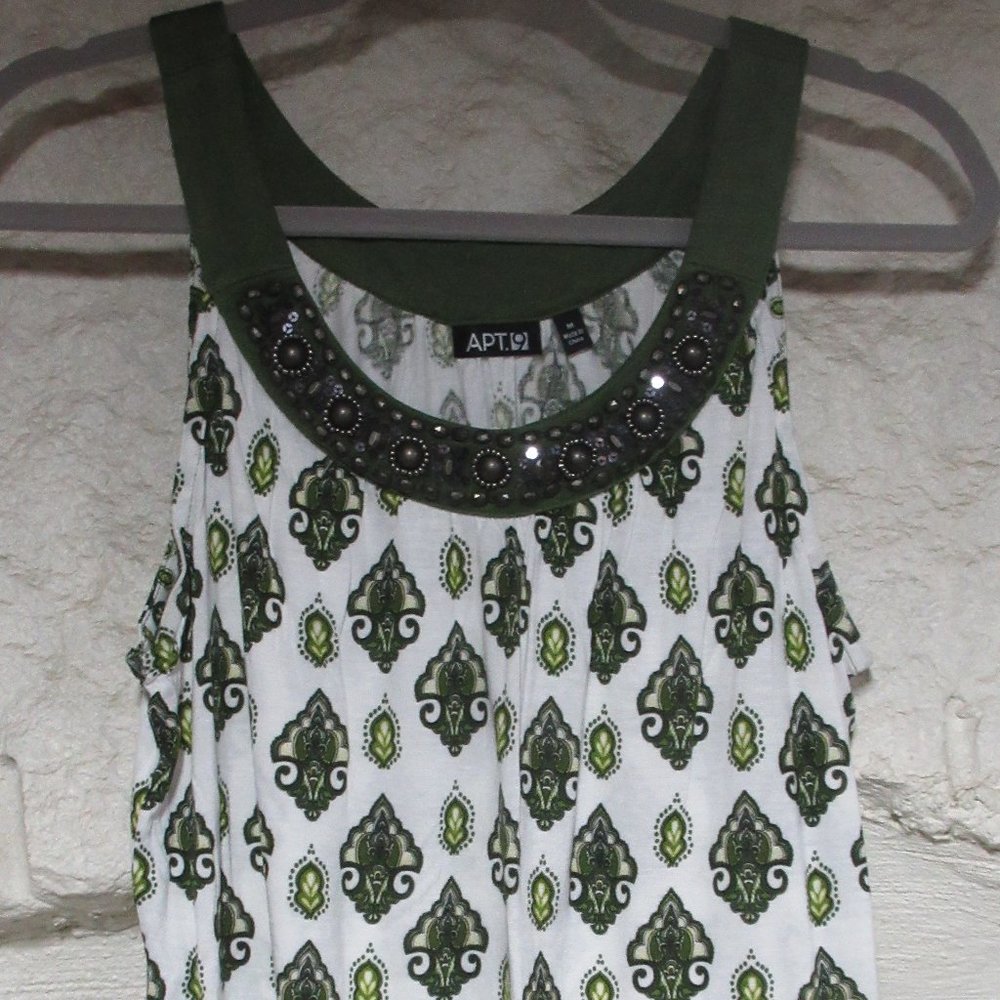 Apt. 9 Boho Green and White Jeweled Tank Size M